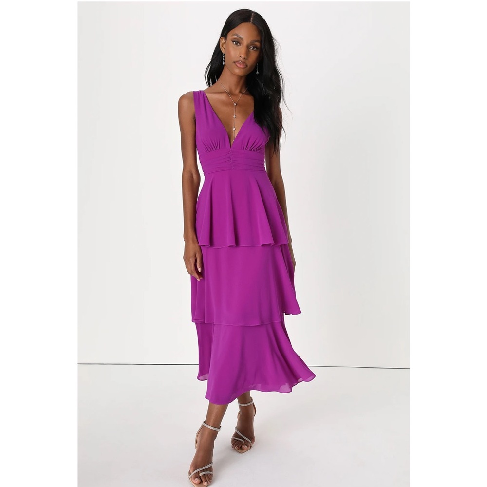 Lulus Celebration Time Purple Sleeveless Tiered Chiffon Midi Dress NWT  XL